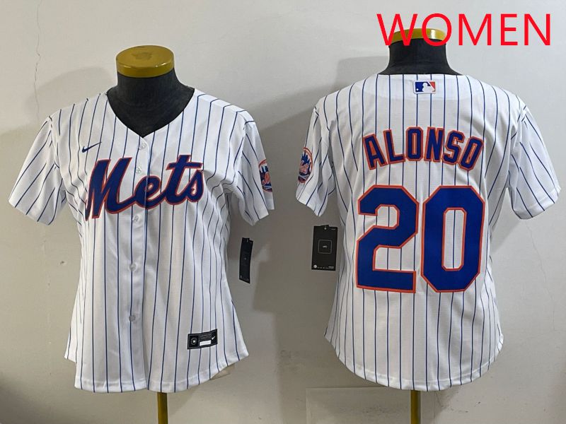 Women New York Mets #20 Alonso White Stripe Game 2025 Nike MLB Jersey style 1